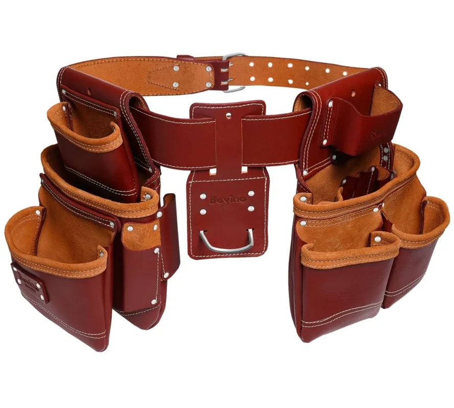 BOVINO Framer Leather Tool Belt System with 20 pockets made from premium oil-tanned buffalo leather for professional carpenters and framers